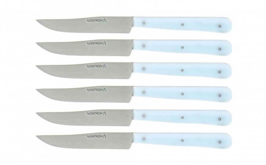 box of six sky-blue knives with acrylic handles 